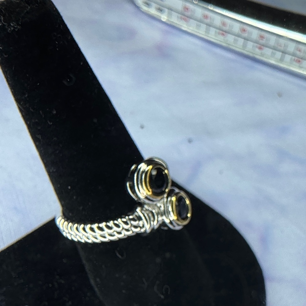 Silver-Tone Double Bezel Black Stone Wrap Ring - Picture 2 of 3